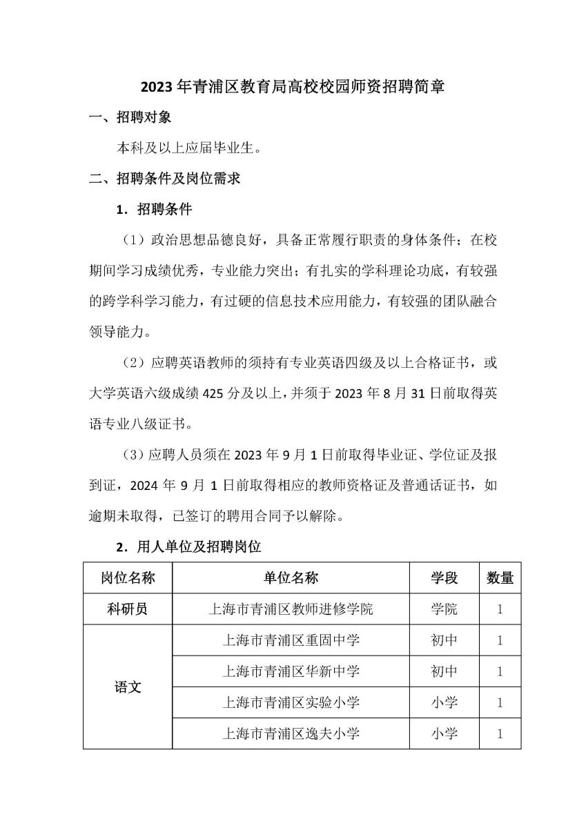 青浦区小学最新招聘启事总览